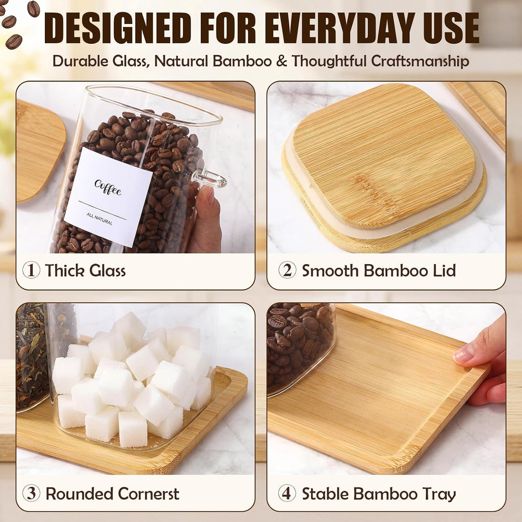 Glass Coffee Container with Wooden Lid and Spoon, Clear Airtight Square Canister Set with Wooden Tray Sticker - Set of 3