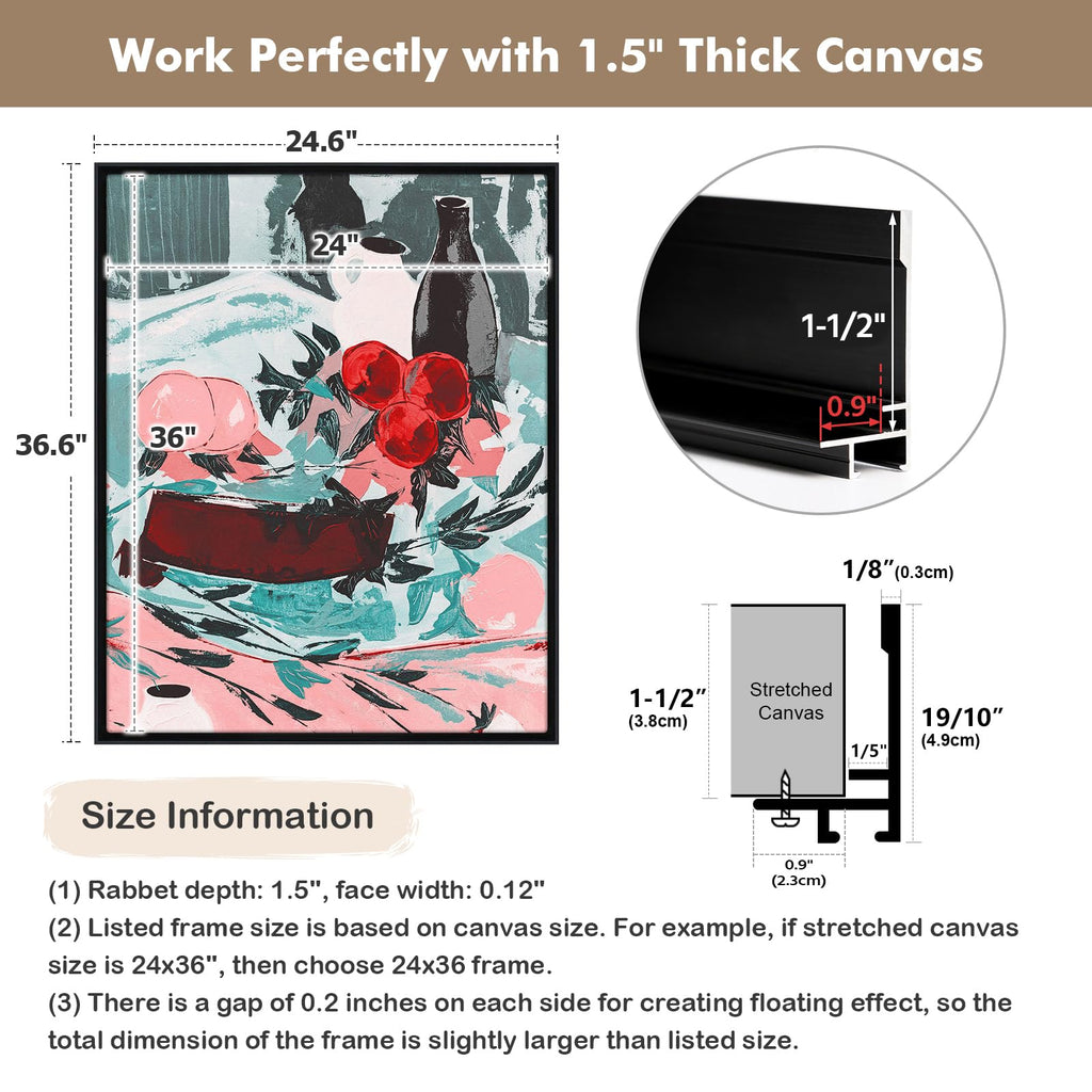 24x36 Black Floater Frame for Stretched Canvas Art, 1.5" Deep, Black