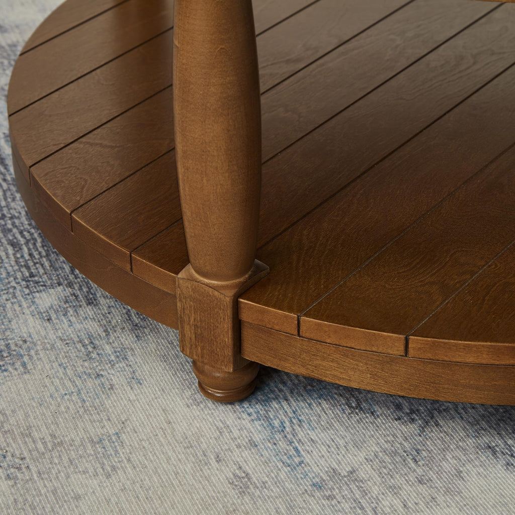 Upholstered Round Coffee Table with Wooden Shelf, Tufted Button Large Round Ottoman with Spindle Wooden Legs, Linen