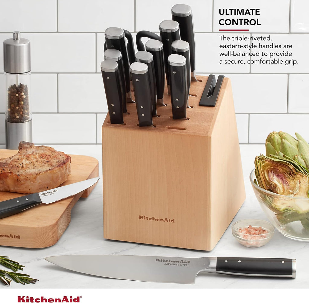 Gourmet Forged Triple Rivet Knife Block Set with Built-in Knife Sharpener, Japanese Stainless Steel Kitchen Knives