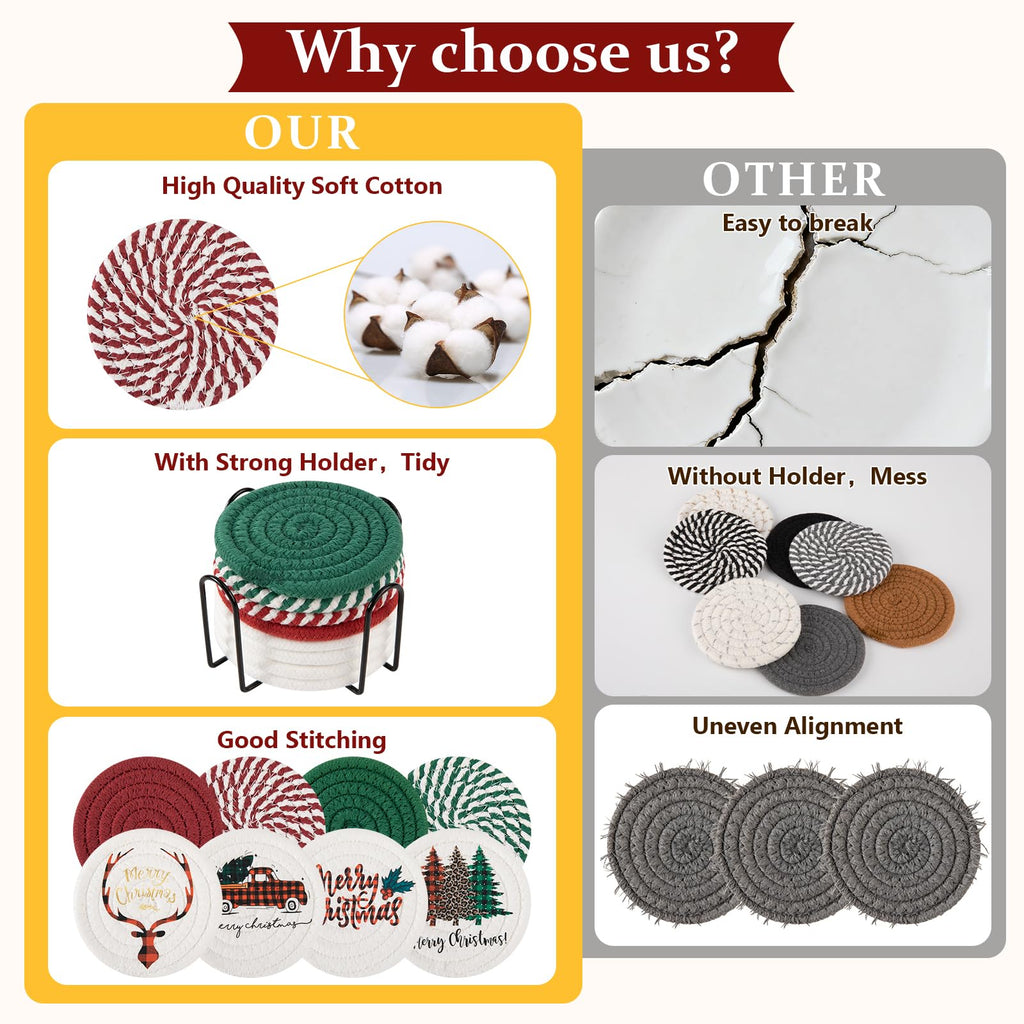 8 Pcs Coasters with Holder for Beer, Coffee -Christmas Mixed Color