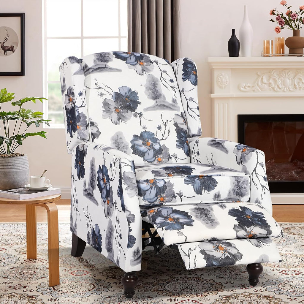 Upholstered Wingback Recliner Chair, Mid Century Modern Manual Push Back Recliner (1, Blue Floral)