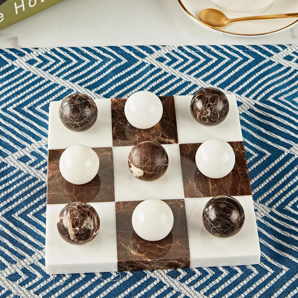Marble Tic Tac Toe Game Set, Marble Board Game with 9 Spheres, Modern Handcrafted Coffee Table Decor & Family