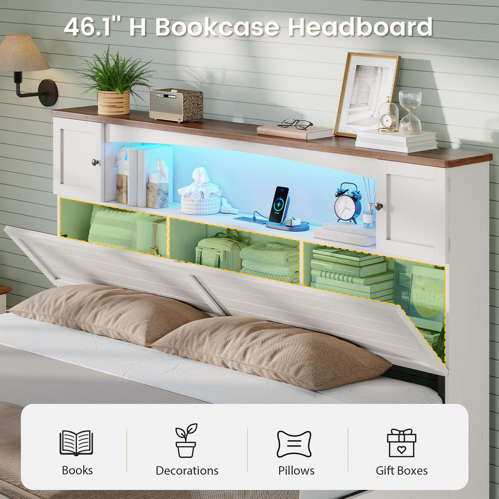 Farmhouse Bed Frame with Bookcase and Storage Cabinets Headboard, Wood Platform Bed with LED Lights