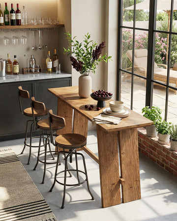 Solid Wood Bar Table, 61" Counter Height Table with Parquet Design Tabletop, Modern Farmhouse Kitchen Bar Table