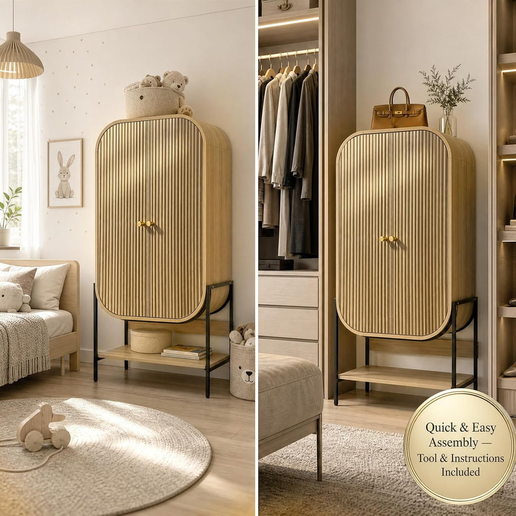 Arched Armoire Wardrobe Closet, Modern Wood Bedroom Clothing Storage Cabinet with Fluted Doors, 66" Tall Standing