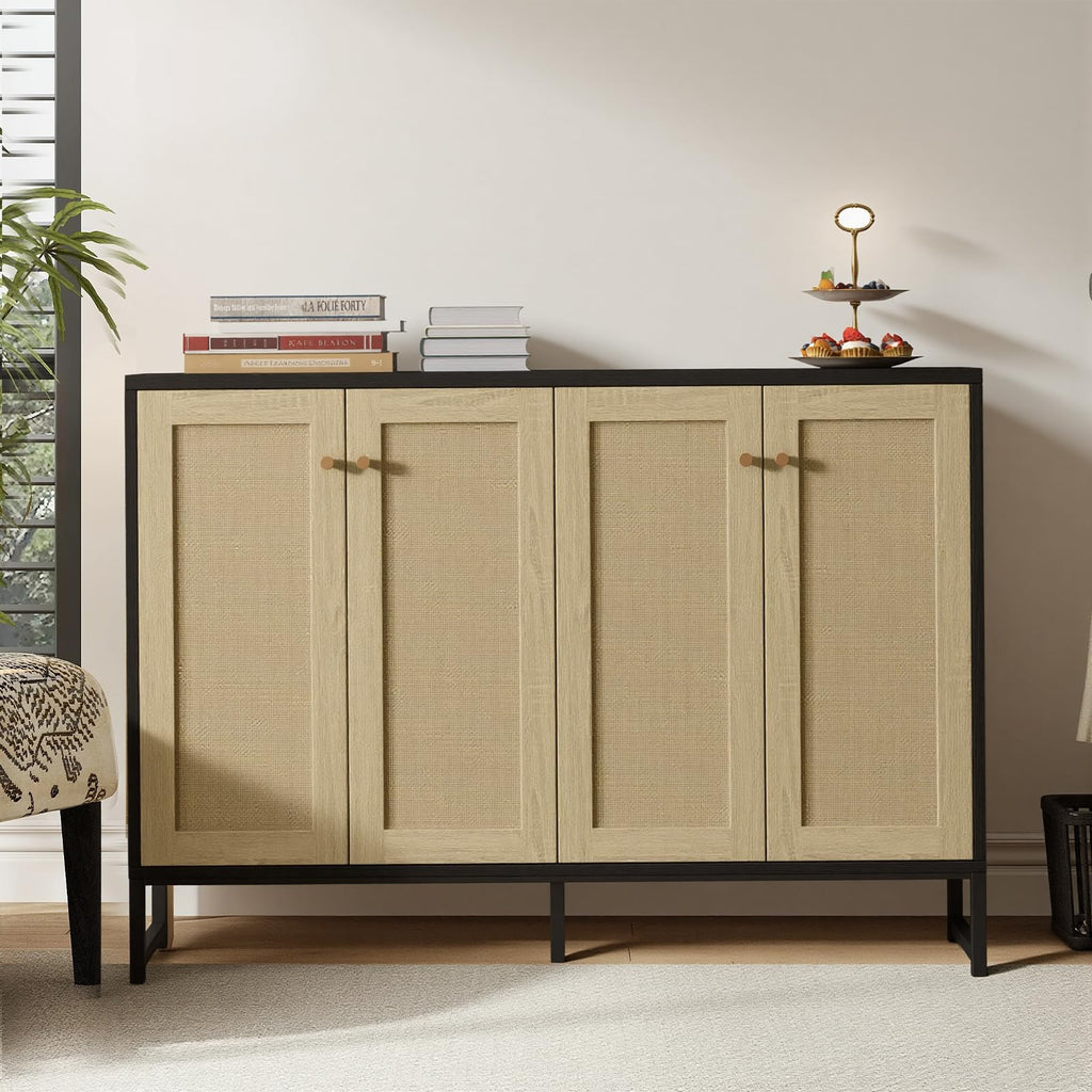 Sideboard Accent Storage Cabinet with Rattan Decorated 4 Doors Dining Room Freestanding Kitchen Buffet Table Cupboard