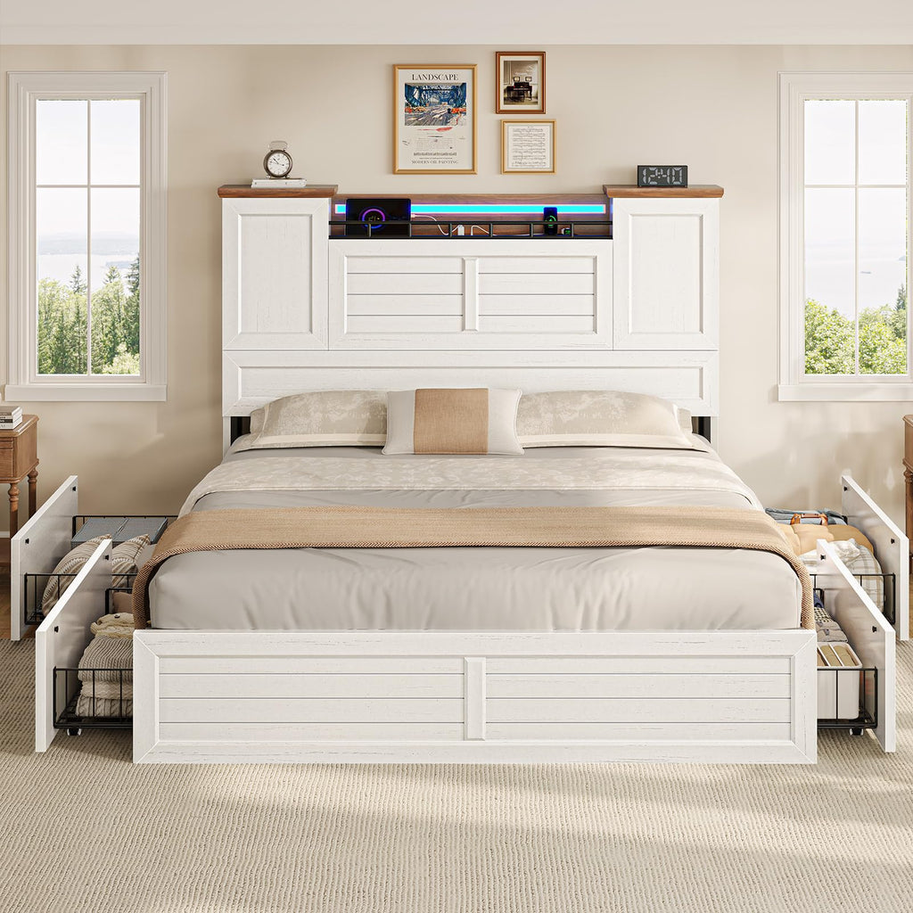 Bed Frame with Headboard and Storage Cabinets, Farmhouse Bed Frame with Charging Station and LED