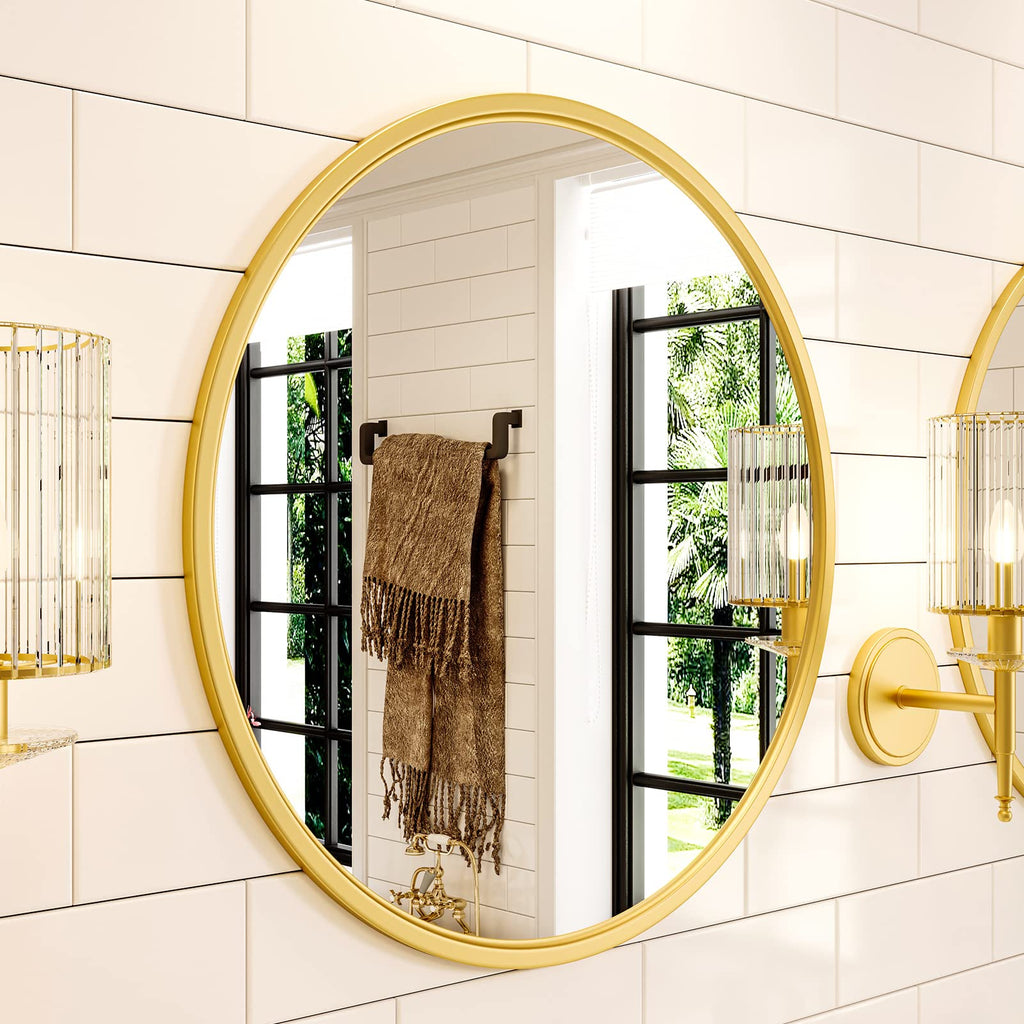 Round Gold Mirror, 28 inch Golden Circle Bathroom Mirror for Wall, Entryway Living Room with Metal Frame Decor