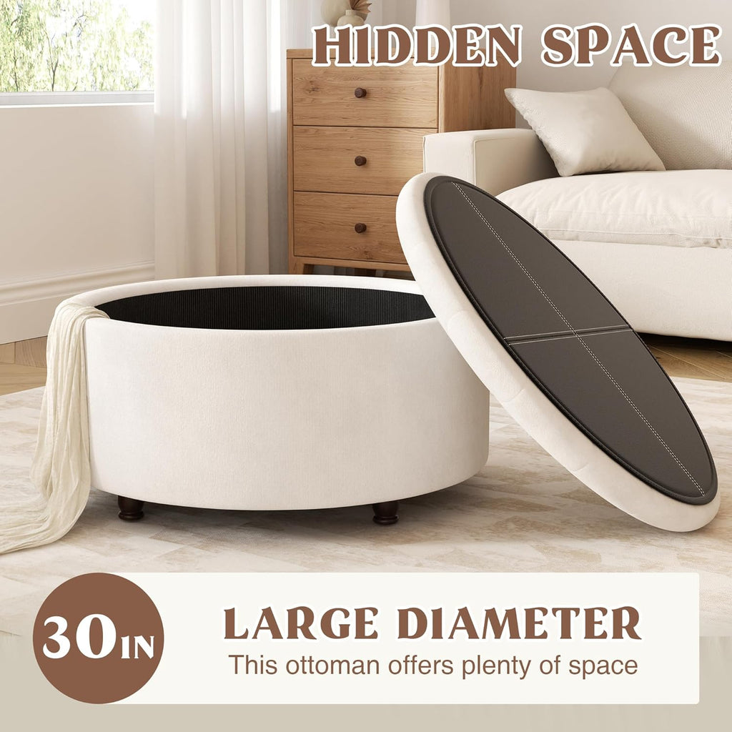 30 Inch Round Storage Ottoman,Modern Tufted Ottomans,Circular Coffee Table with Removable Top,Upholstered Large