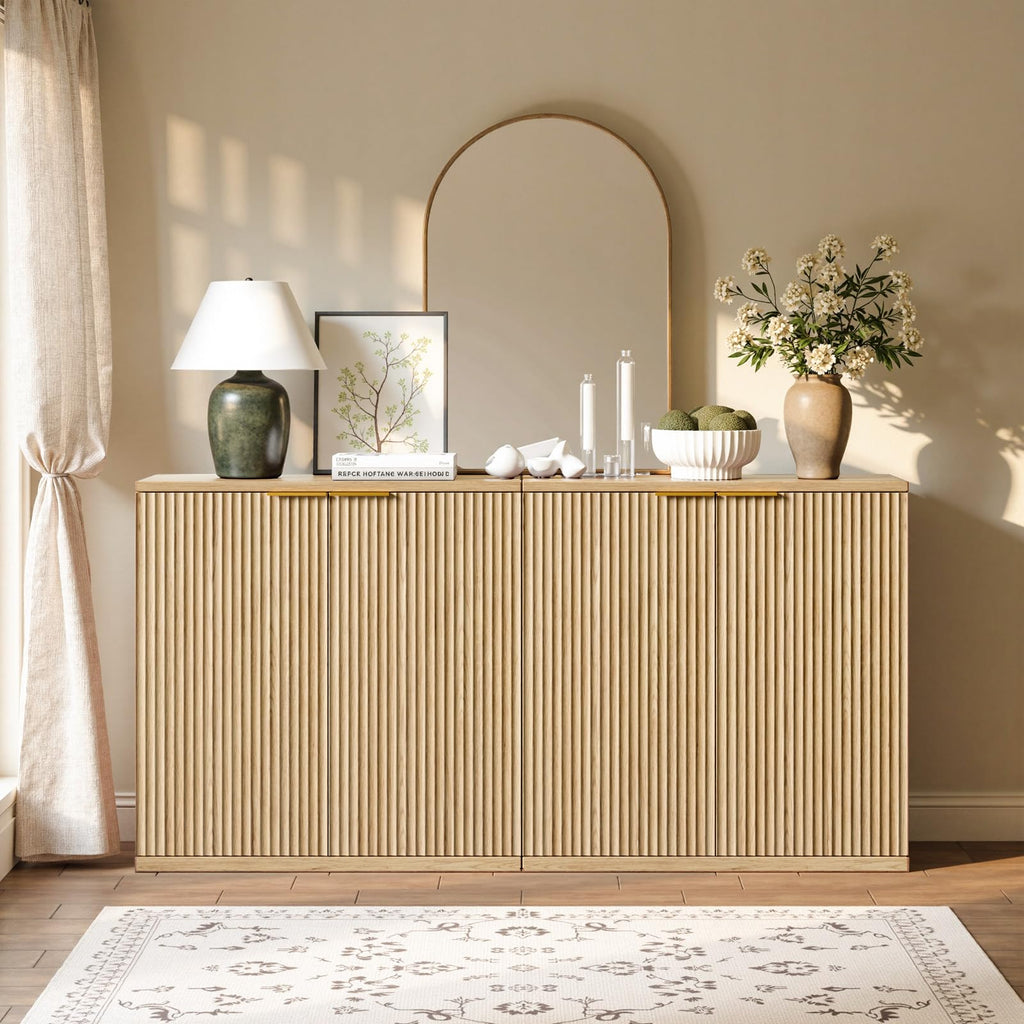 63" Oak Buffet Cabinet with Storage, Large Sideboard Cabinet, Boho Fluted Accent Credenza, and Living Room