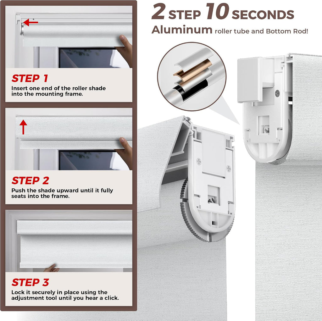 No Drill No Tools Blackout Roller Shades for Windows, (White 34 x 48), Renter-Friendly, UV Protection, no-Drill