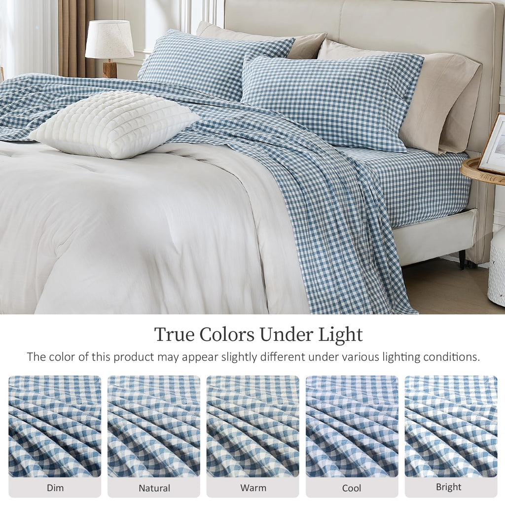 Blue Gingham Sheets Set 100% Washed Cotton Linen Like