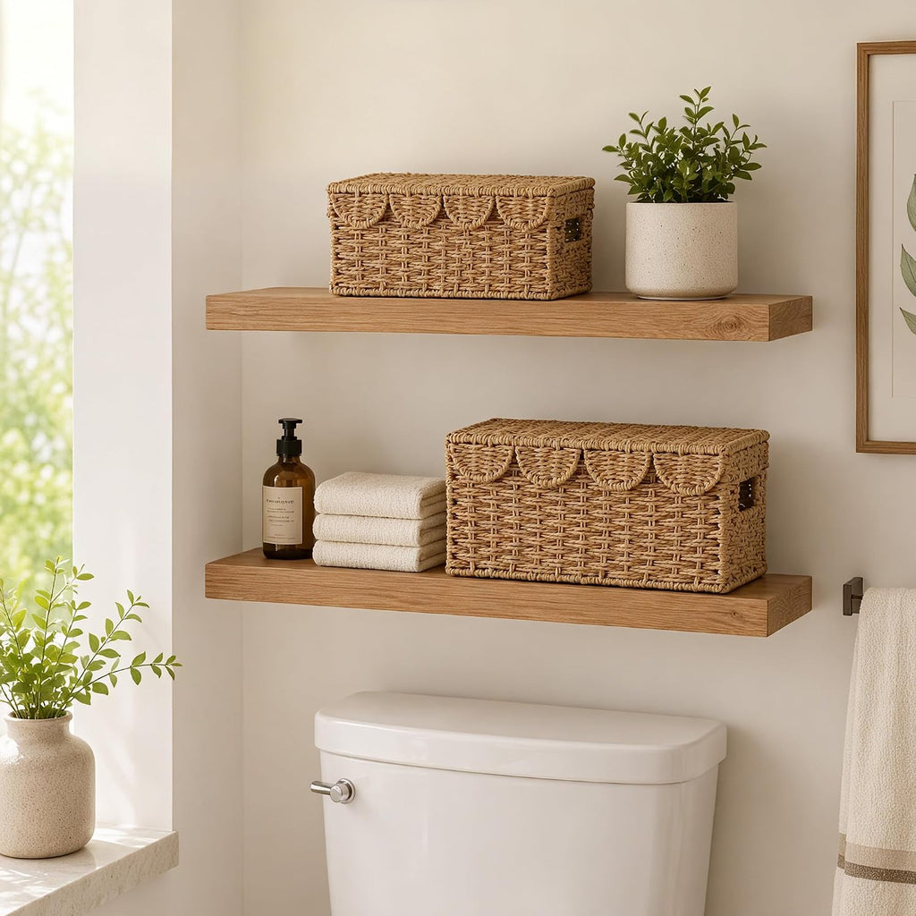 Set of 2 Scalloped Wicker Baskets with Lid,Paper Rope Decorative Storage Baskets for Shelves, Display Shelf, Handmade
