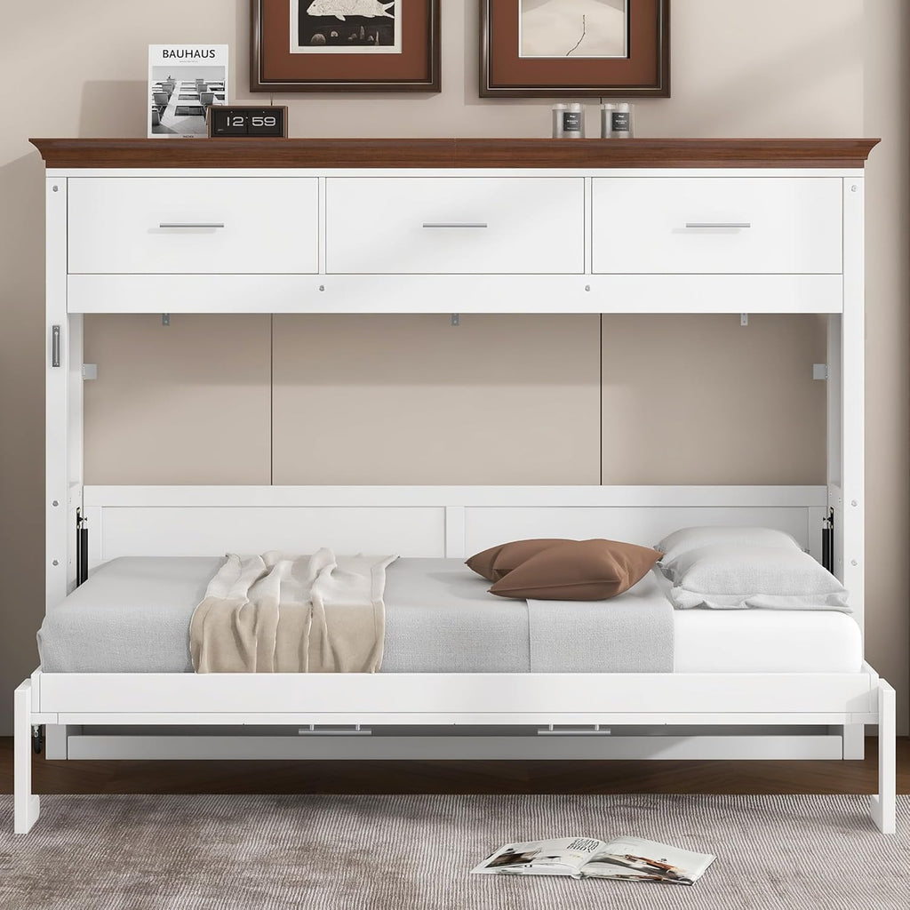 Twin Horizontal Murphy Bed with Drawers,Wood Space-Saving Folding Hideaway Murphy Wall Bed with Storage Drawers, for