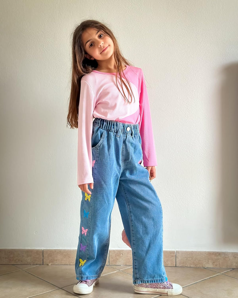 Girls Jeans Denim Elastic Wasit Wide Leg Baggy Pants Kids Clothes