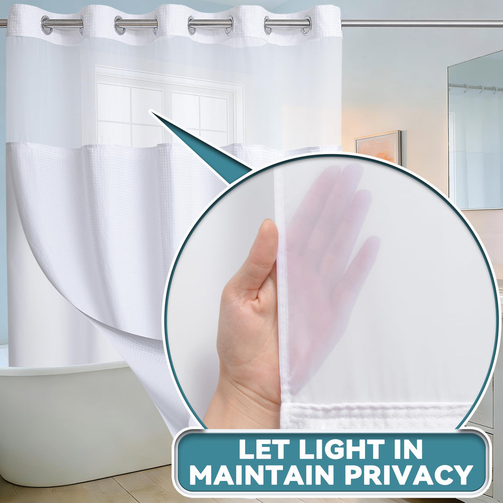 Extra Long No Hook Waffle Weave Shower Curtain with Snap in Liner Set, Hotel Luxury White Shower Curtains with See