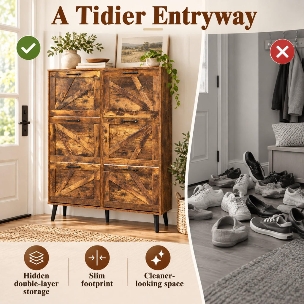 6 Flip Drawer Shoe Cabinet, Barn Door Entryway Storage, Rustic Brown