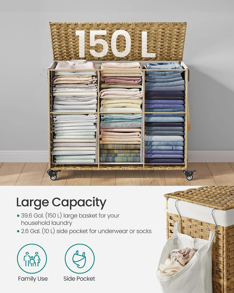 Laundry Hamper with Lid, 42.3 Gallons (160 L), Rolling Laundry Basket with Wheels, 3-Section Synthetic Rattan