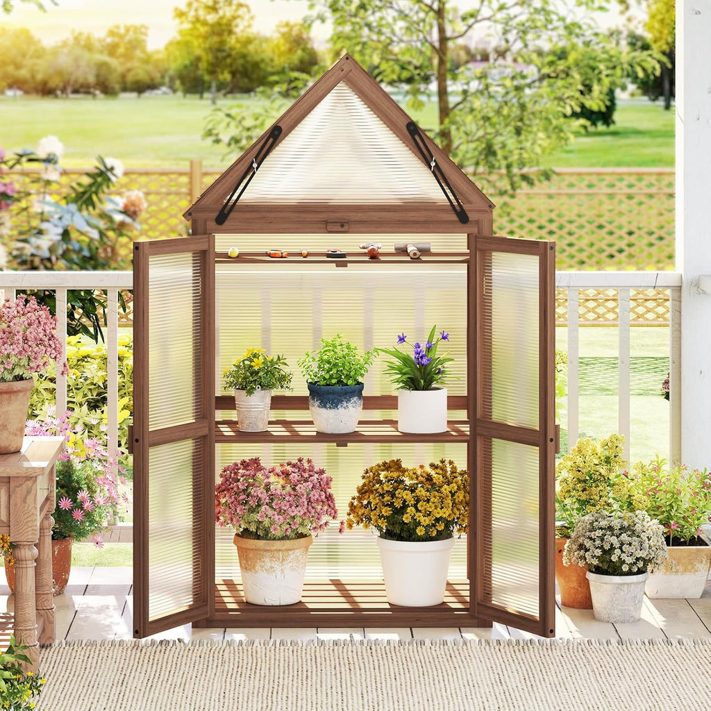 Garden Cold Frame, Mini Greenhouse Storage Shelves w/ Transparent Flip-Top Roof & 3 Adjustable Shelves, Indoor &