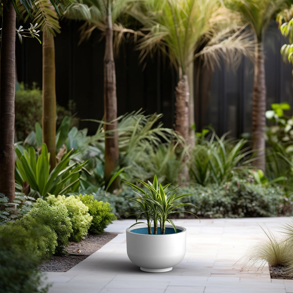 Accent Round Pedestal White Concrete Planter 17.7" Dia, Outdoor