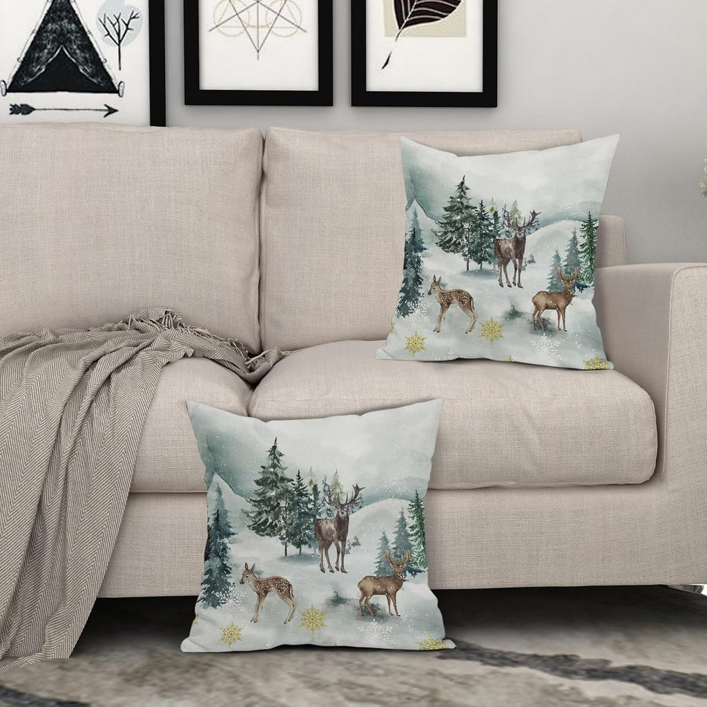Christmas Pillow Covers 18X18 Inch Winter Watercolor Deer Trees Snowflakes Decorative Square Pillow Cases - Set of 2