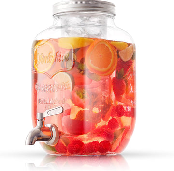 1-Gallon Drink Dispenser. Glass Beverage Dispenser with Stainless steel Spigot plus Ice Cylinder and Fruit Infuser!