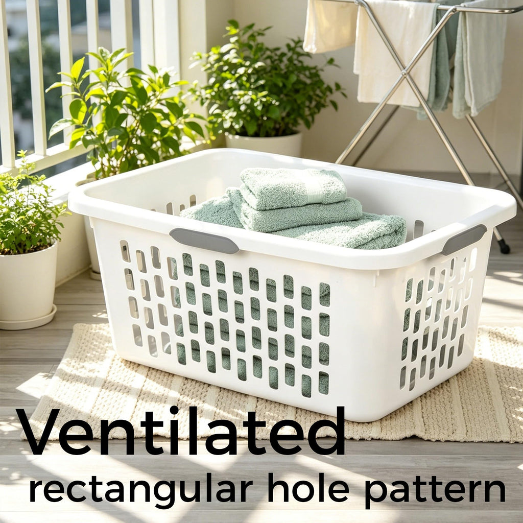 Large Plastic Laundry Basket, 70L, White, Ventilated, with Grip Handles, Rectangular Cloths Hamper