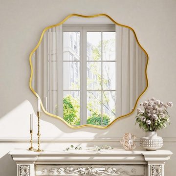 Gold Scalloped Circle Mirror 36" Wavy Edge Round Wall Mirror