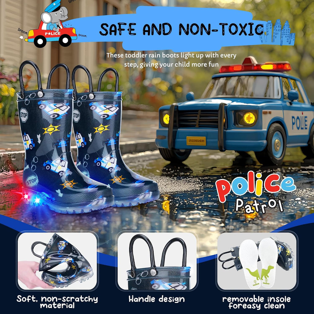Toddler Rain Boots Boys Rain Boots - Patterns Light Up Kids Rain Boots with Easy-On Handles Lightwight Waterproof