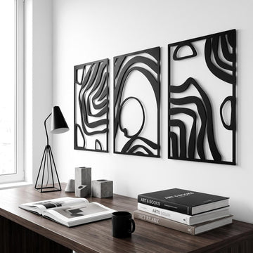 Black Metal Abstract Curve Hollow Wall Sculpture Decor Set - Set of 3