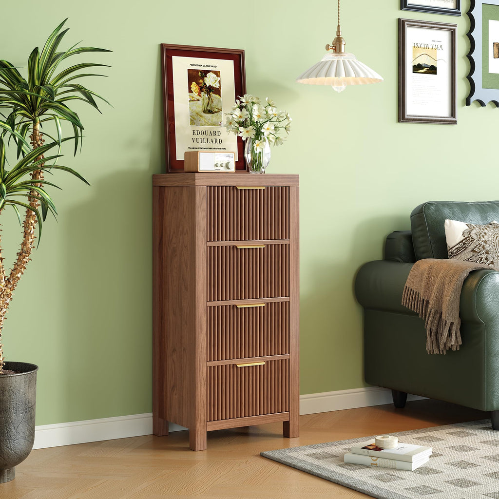 Mid-Century Fluted 8 Drawers Dresser, Modern Wooden Tall Dresser with Smooth Metal Handles, Storage Chest Clothes