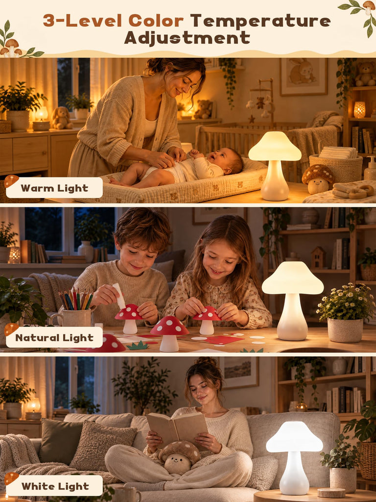 Mushroom Lamp, 10 Colors RGB+10 Brightness Rechargeable Bedside Table Lamp