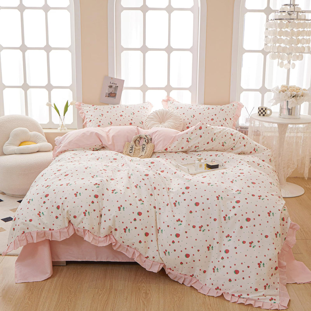 Comforter Set Strawberry Print Bedding Comforter Ruffled Lace Bedding Set Fluffy Fruit Comforters Pink Stripes