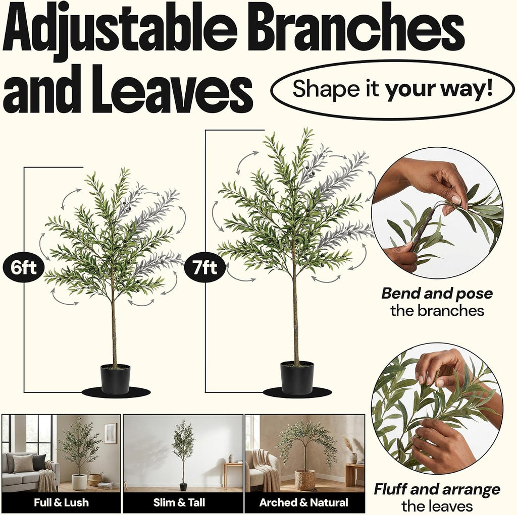 Artificial Olive Tree 6ft Indoor - Faux Olive Tree with Real Wood Trunk & Adjustable Branches, Tall Fake Plant &