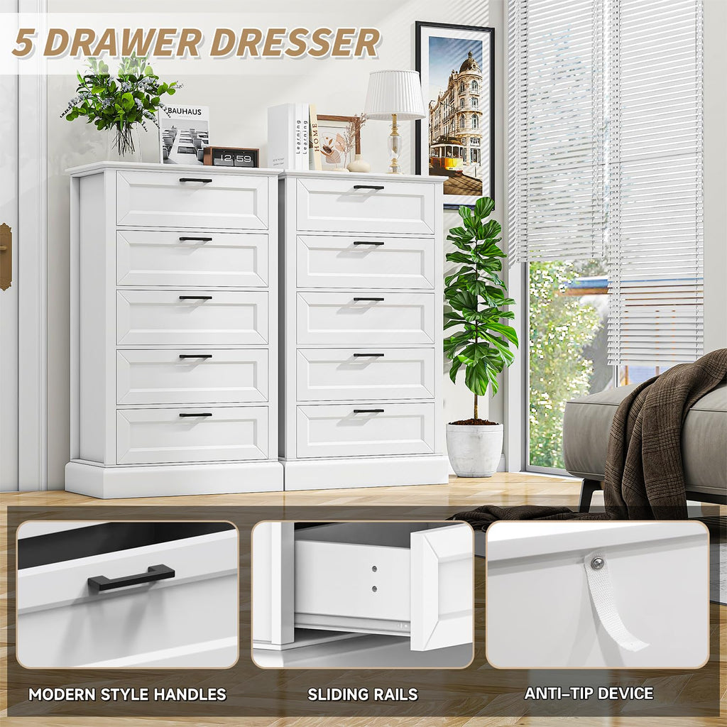 White with 5 Drawers, Vertical Storage, Wood Tall, Wooden Tall Chest of Drawers, Lingerie Chest Drawer, Modern