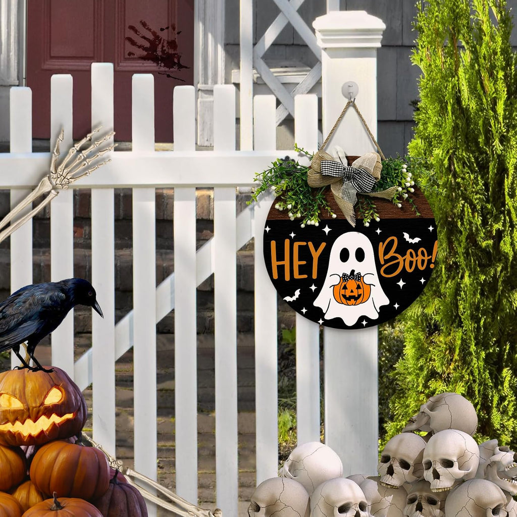 Halloween Hey Boo Door Sign Outdoor Decor Ghost Pumpkin Door Wreath Front Door Hanger Holiday Wooden Signs Outdoor