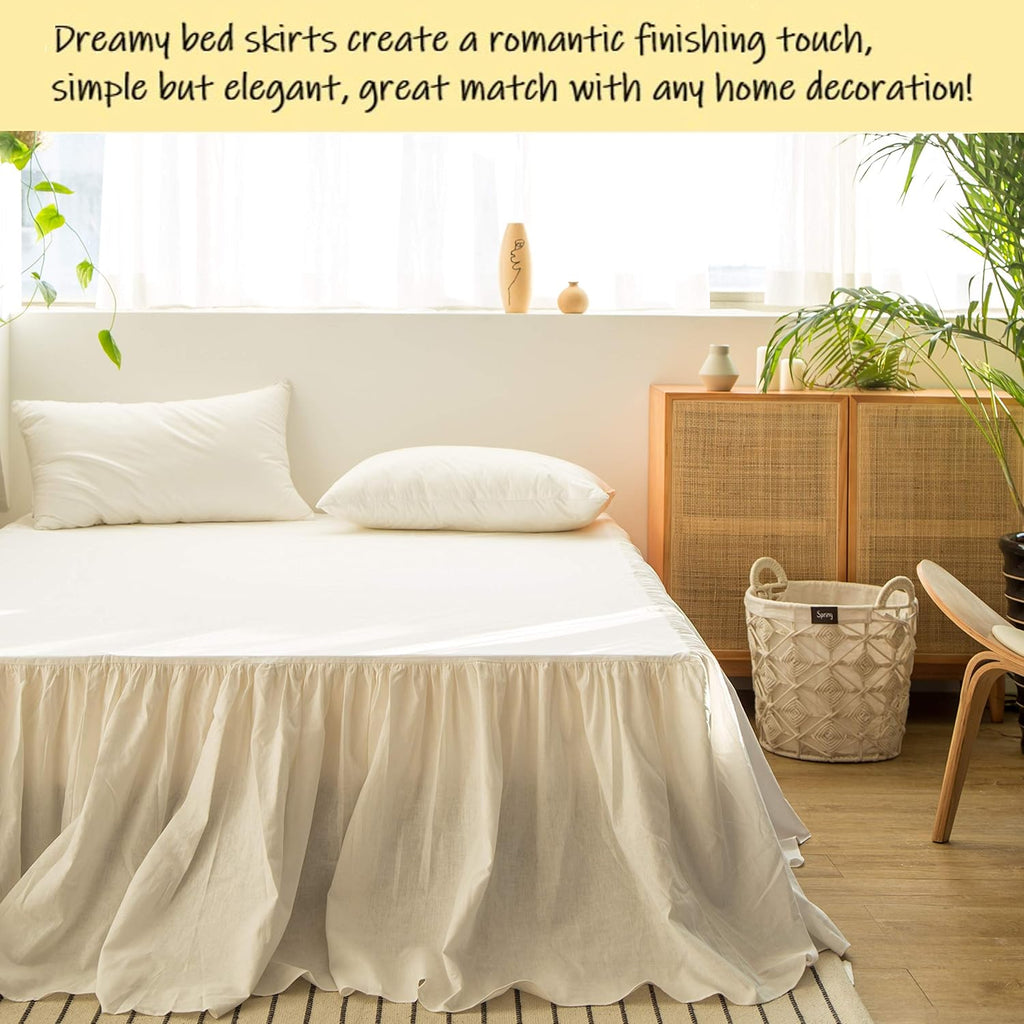 French Linen Bed Skirt with Pleated Frills 22-Inch Tailored Drop Natural Flax Cotton Blend Dust Ruffle Soft Cozy