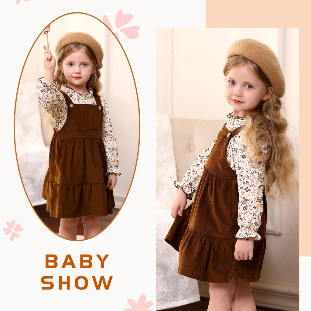 Toddler Girl Clothes Long Sleeve Fall Outfits Ruffle Ribbed Floral Tops Overall Dress Set with Pocket