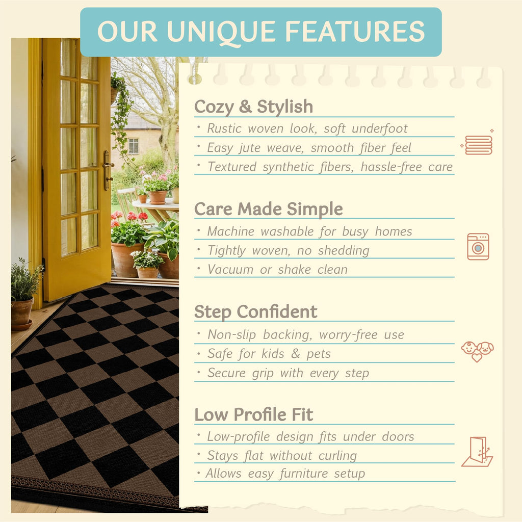 3x4 Checkered Outdoor Rug, Easy Jute Indoor Throw Rug, Diamond Farmhouse Front Porch Rug, Boho Washable Non Slip