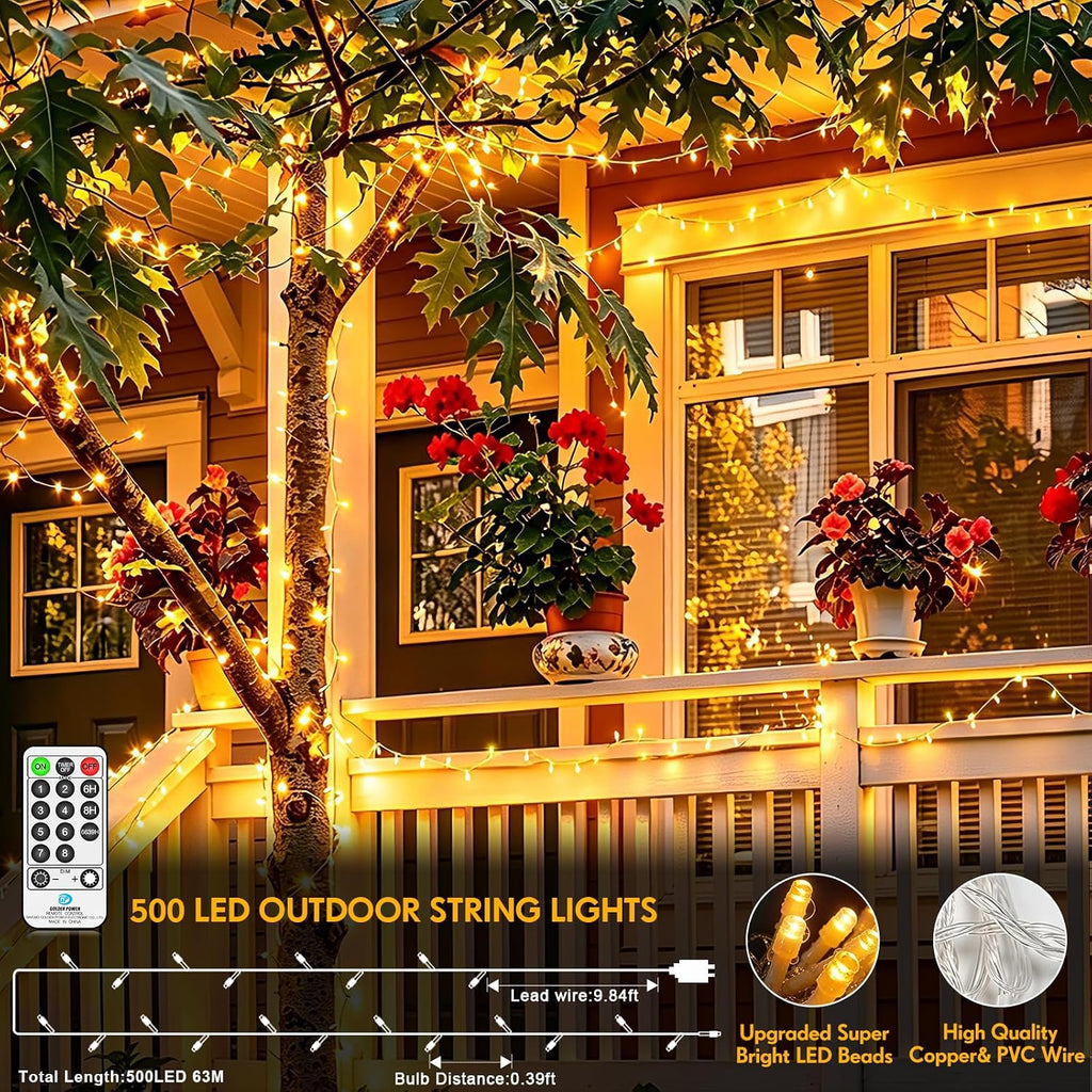 200 FT 500 LED Christmas Lights Outdoor Fairy Lights Plug In Extra Long String Lights Clear Wire Waterproof 8 Modes