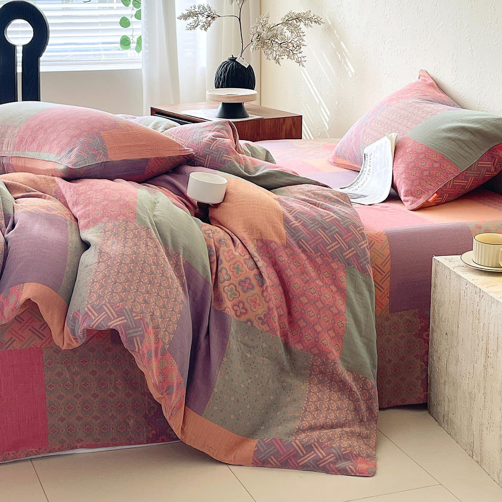 100% Cotton Double Layer Yarn Duvet Cover Set, Vintage Patchwork Floral Jacquard Textured Comforter Cover, Reversible