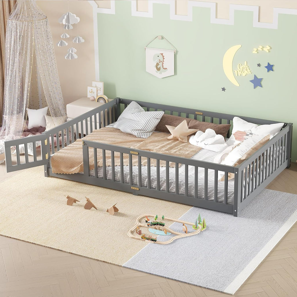 Queen Size Montessori Bed with High Fence and Guardrail, Solid Wood Floor Bed Frame for Kids Boys Girls, Gray