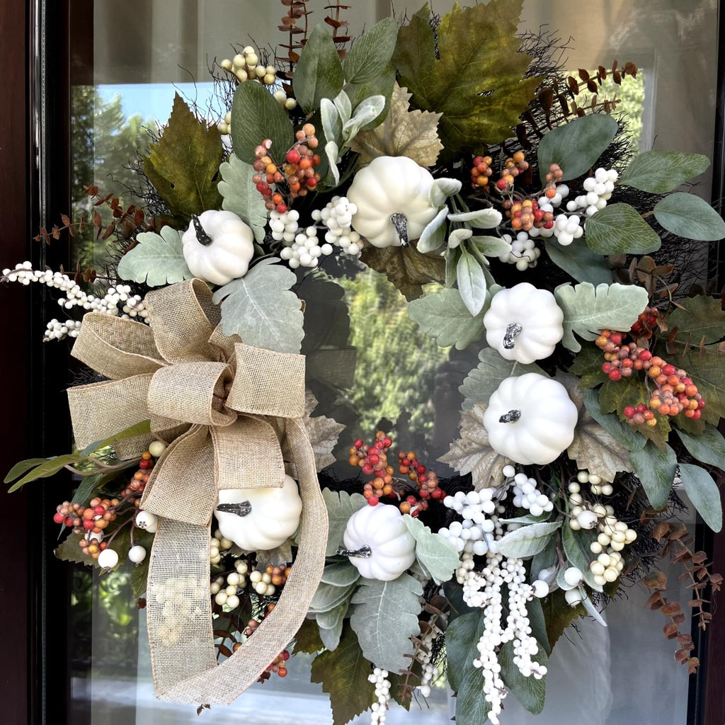 24 Inch Neutral Fall Wreath for Front Door with White Pumpkins & Bow