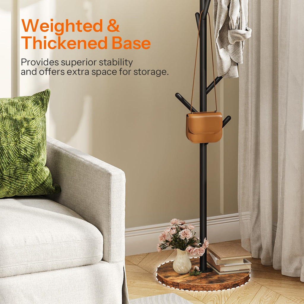 Coat Rack Stand with 9 Hooks, Metal Freestanding Coat Tree with Wooden Base, Heavy Duty Hall Tree, Space Saving Coat