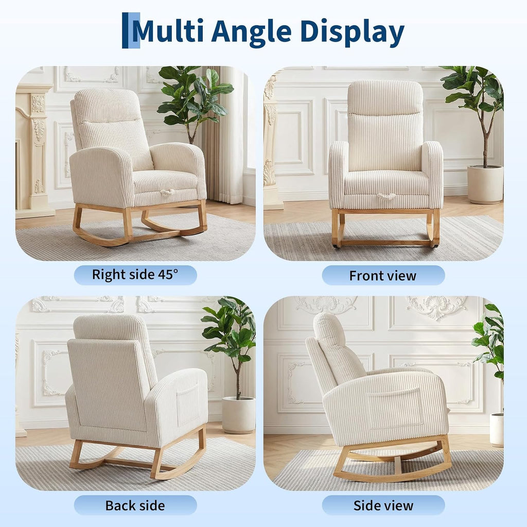 Nursery Rocking Chair, Corduroy Upholstered Rocking Chair with Adjustable Footrest, Tufted Rocker Chair with Side