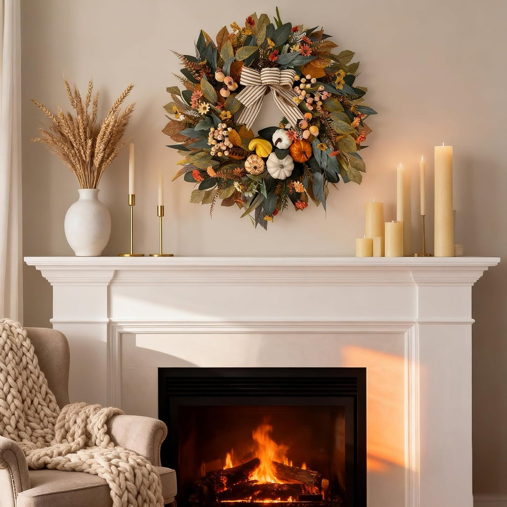 24 Inch Fall Wreath for Front Door,Pumpkin Wreath Farmhouse Decor