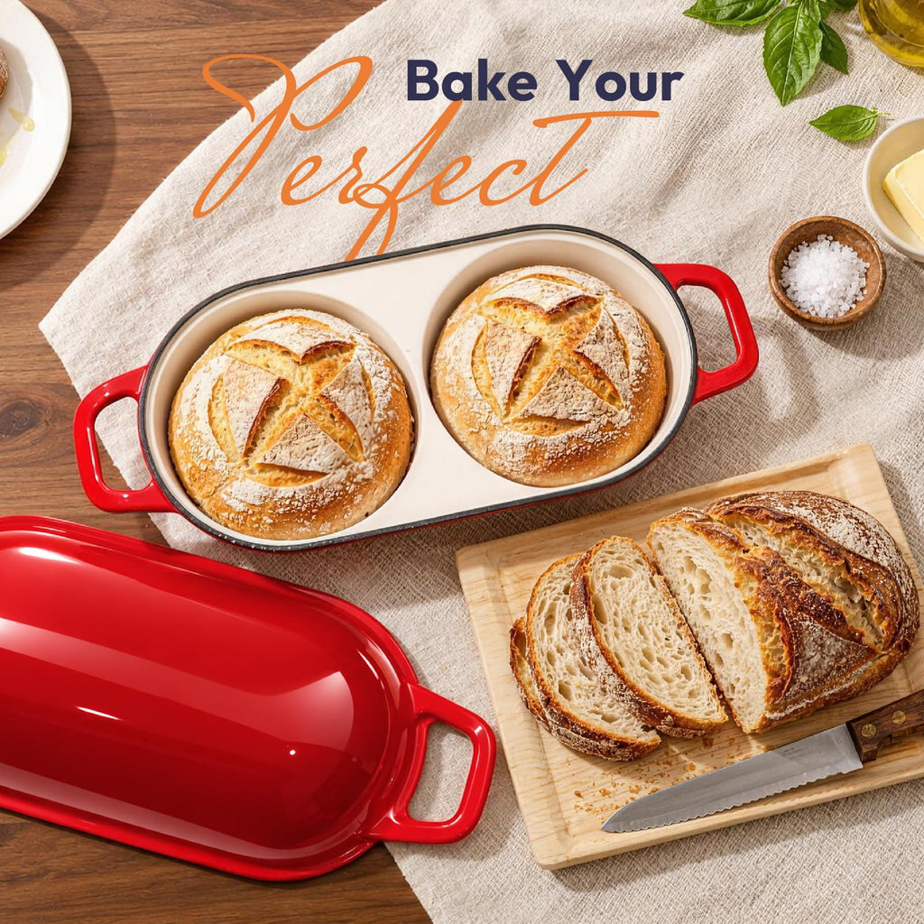 Double Dutch Oven for Sourdough Bread Baking, 2QT Enameled Cast Iron Double Loaf Pan with Lid, Oven Safe up to 500°F