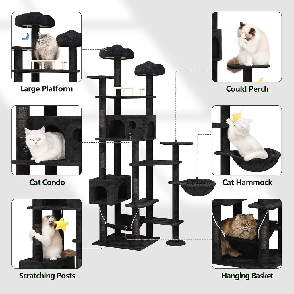 Black Cat Tree, 79in Tall Tower for Multiple Indoor Cats Large Adult