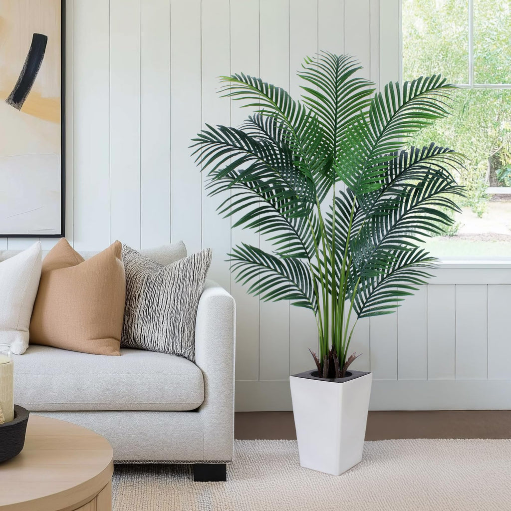 Artificial Palm Tree with White Tall Planter, 5ft Tall Potted Artificial Silk Palm Tree Plant, Fake Tropical Plant